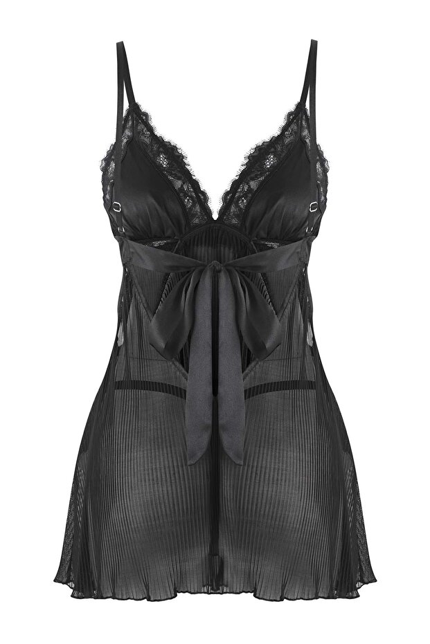 Siyah Tül Piliseli ve Sırt Kurdele/Fiyonk/Bağlamalı Külotlu Babydoll/Fantezi Gecelik THMAW26CY00000 - 9