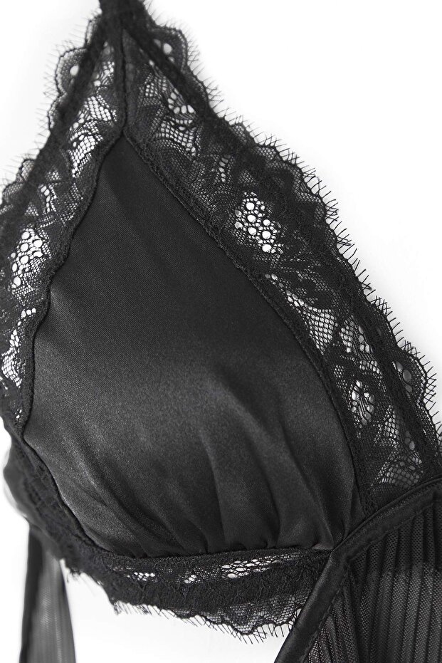 Siyah Tül Piliseli ve Sırt Kurdele/Fiyonk/Bağlamalı Külotlu Babydoll/Fantezi Gecelik THMAW26CY00000 - 8
