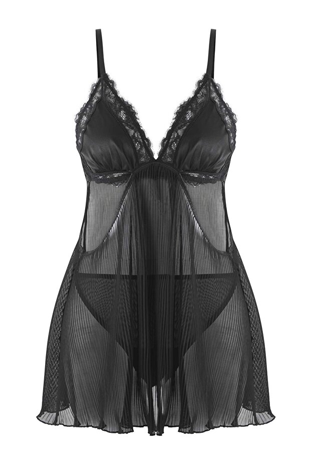 Siyah Tül Piliseli ve Sırt Kurdele/Fiyonk/Bağlamalı Külotlu Babydoll/Fantezi Gecelik THMAW26CY00000 - 6