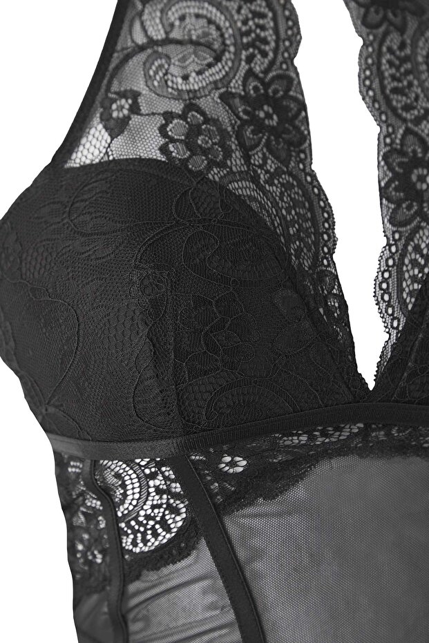 Siyah Dantel Biye Detaylı Kaplı Örme Body THMAW26BD00000 - 6