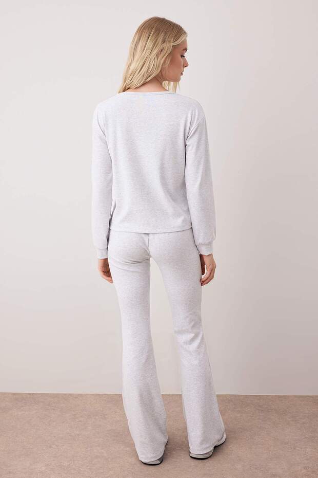 Gri Melanj Bisiklet Yaka Regular Üst Flare/İspanyol Paça Örme Alt - Üst Takım TWOAW26AU00099 - 4