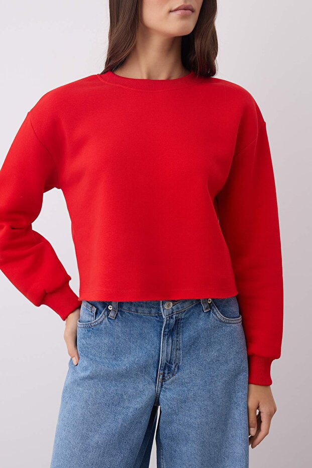 Kırmızı Kalın İçi Polarlı Bisiklet Yaka Crop Örme Sweatshirt TWOAW26SW00093 - 3