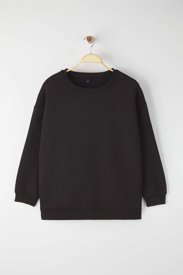 Siyah Oversize/Rahat Kesim Basic Bisiklet Yaka Kalın/İçi polarlı Örme Sweatshirt TBBAW25AO00008 - 5