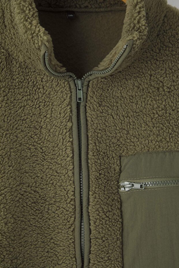 Winter Essentials Haki Kalın Polar Fermuarlı Dik Yaka Cepli Örme Sweatshirt TBBAW26AO00022 - 8
