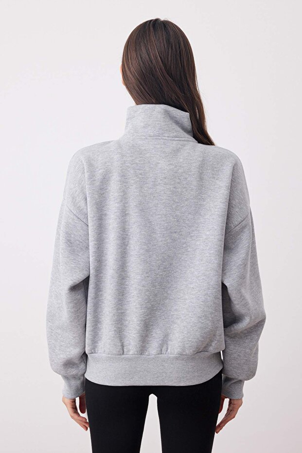 Gri Melanj Oversize/Geniş Kalıp Fermuarlı Dik Yaka Kalın Örme Sweatshirt TWOAW26SW00070 - 4