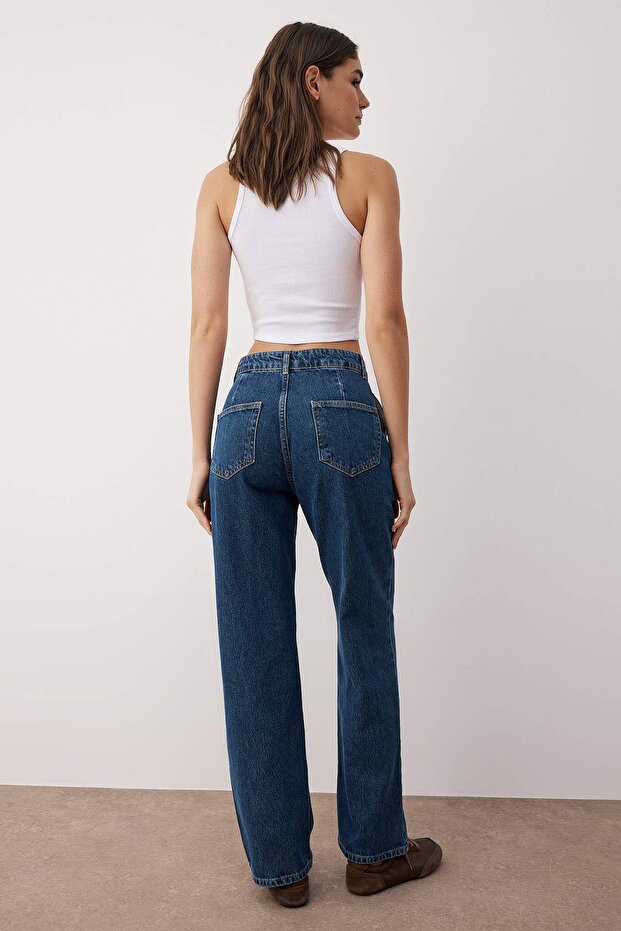 Lacivert Cep Detaylı Yüksek Bel Wide Leg Jeans TWOAW22JE0595 - 4