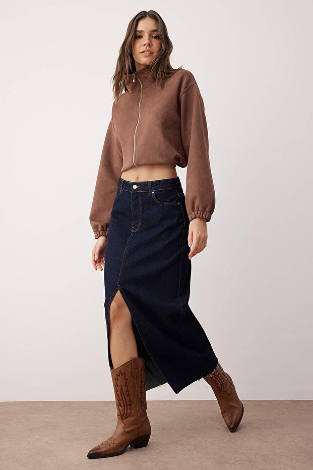 More Sustainable Koyu Mavi Yırtmaçlı Maxi Denim Etek TWOSS23ET00290 - 2