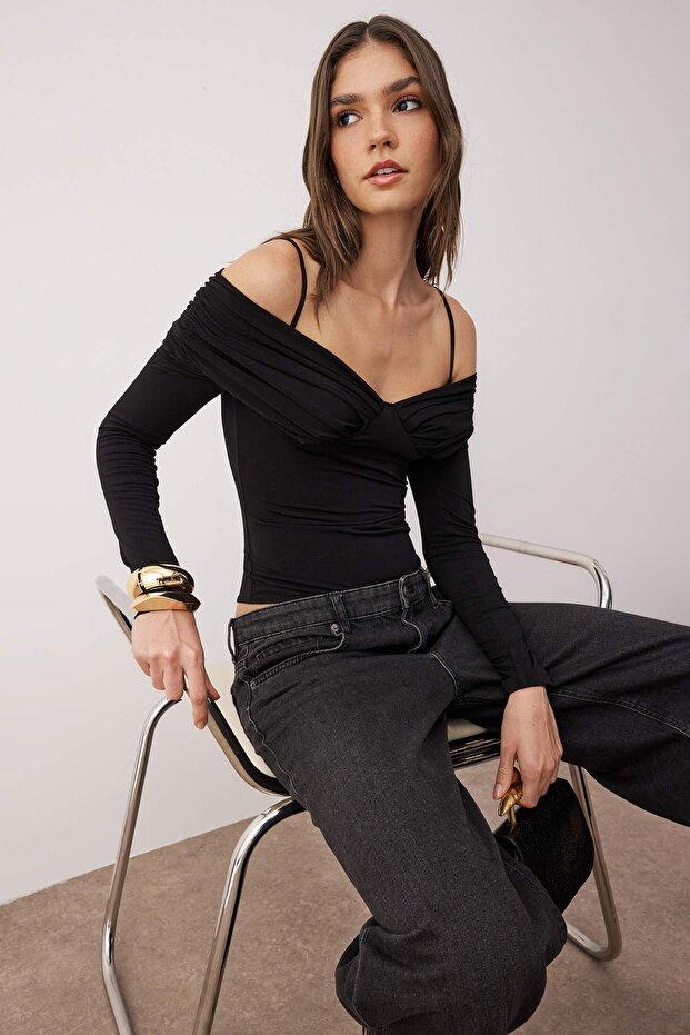 Siyah Carmen Yaka Örme Body TPRAW26BD00022 - 2