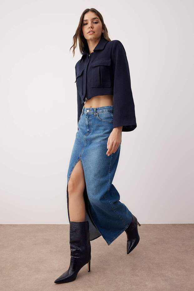 More Sustainable Mavi Yırtmaçlı Maxi Denim Etek TWOAW24ET00058 - 3