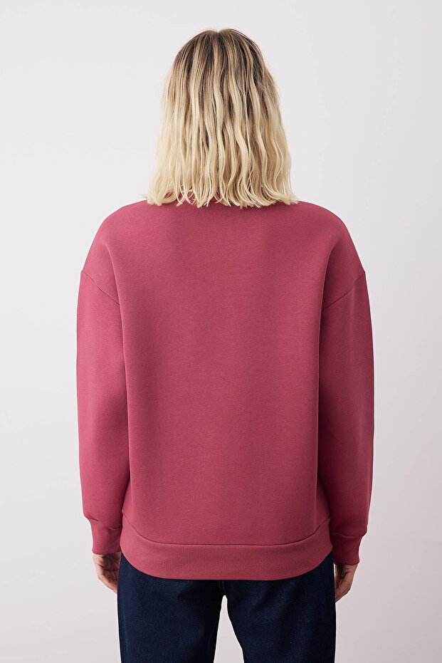 Gül Kurusu Oversize/Rahat Kesim Bisiklet Yaka Kalın/İçi polarlı Örme Sweatshirt TWOAW24SW00102 - 4