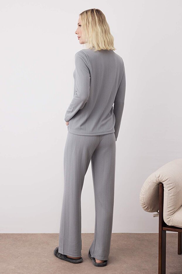 Füme Dokulu Fitilli Yumuşak Tuşe Örme Pijama Takımı THMAW26PT00093 - 5