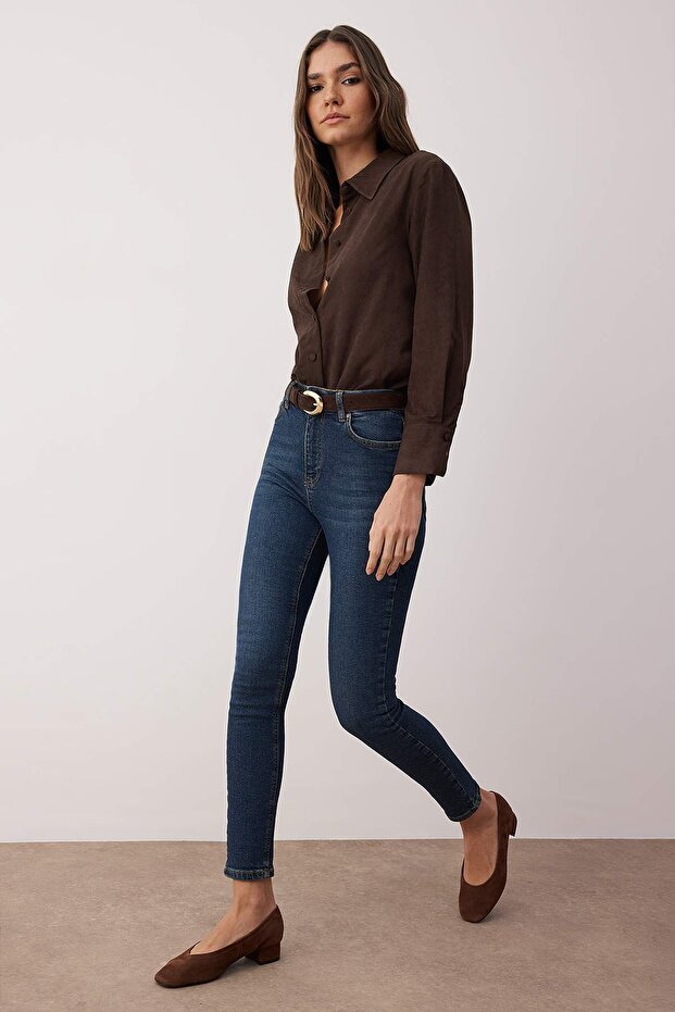 Lacivert Vücudu Saran Yüksek Bel Ekstra Esnek Skinny Jeans TWOAW24JE00068 - 2
