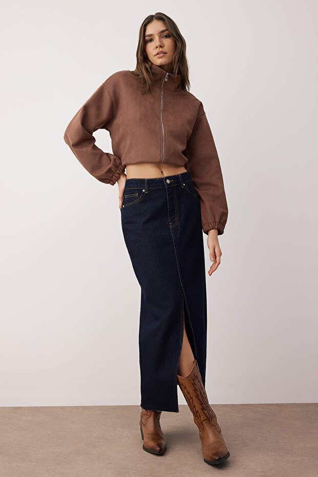 More Sustainable Koyu Mavi Yırtmaçlı Maxi Denim Etek TWOSS23ET00290 - 1