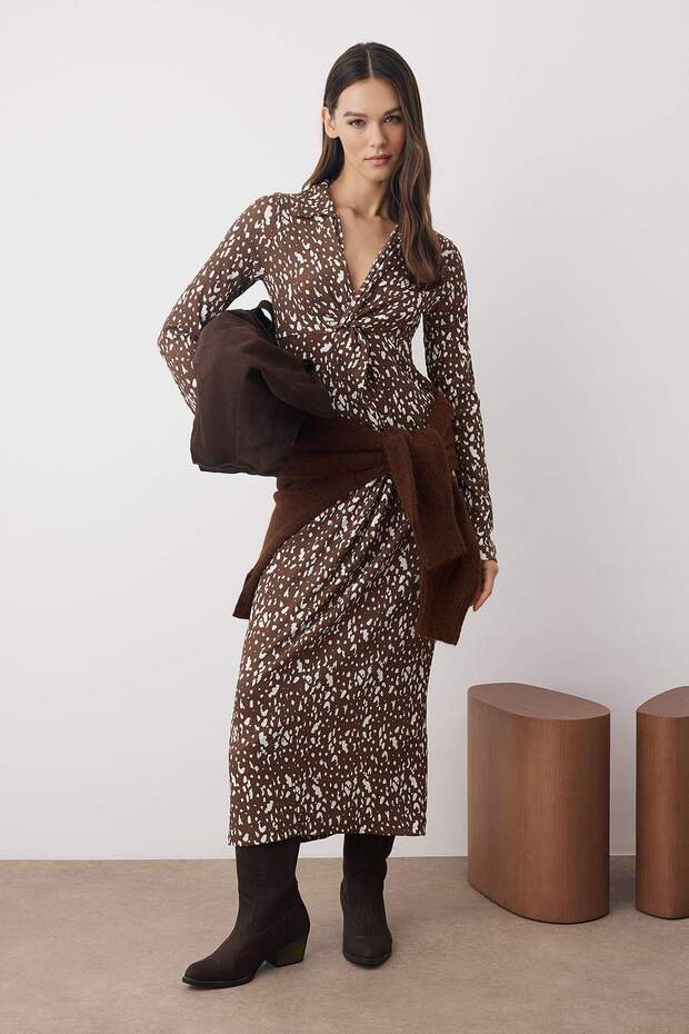 Kahverengi Baskılı Büzgü / Drape Maxi Örme Elbise TWOAW26EL00194 - 1