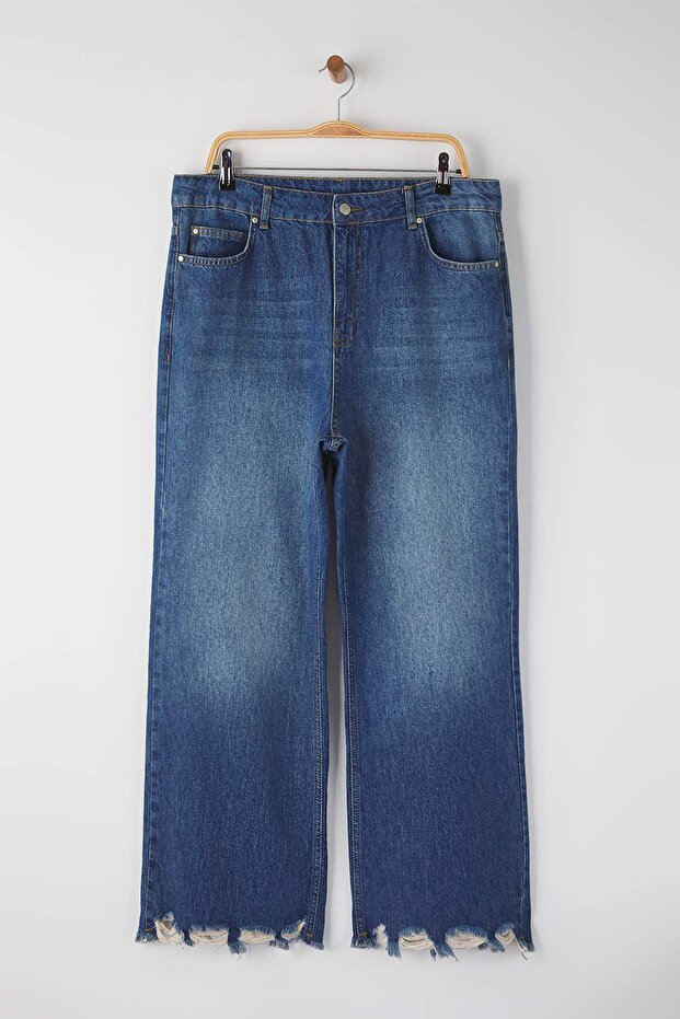 Mavi Yüksel Bel Paçası Destroylu İspanyaol Paça Büyük Beden Flare Fit Jeans TBBAW26CJ00016 - 5