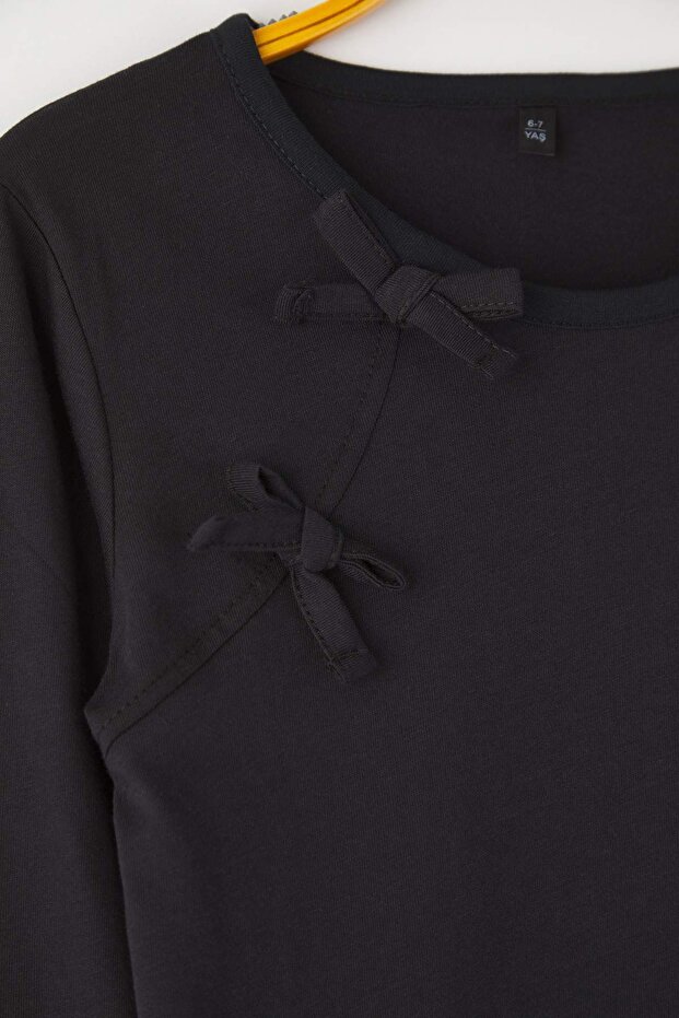 Siyah-Ekru 100% Pamuk 2'li Düz Bisiklet Yaka Regular Kız Çocuk Örme T-Shirt TKDAW26TS00013 - 4