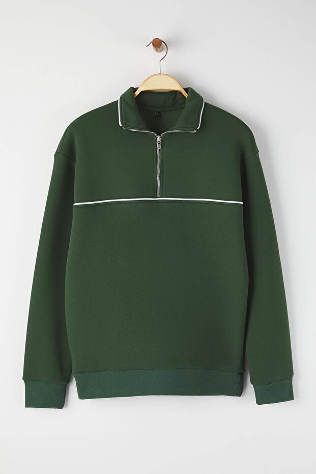 Zümrüt Yeşili Yeni Oversize/Geniş Kesim Dik Yaka Biye Detaylı Sweatshirt TMNAW26SW00002 - 5