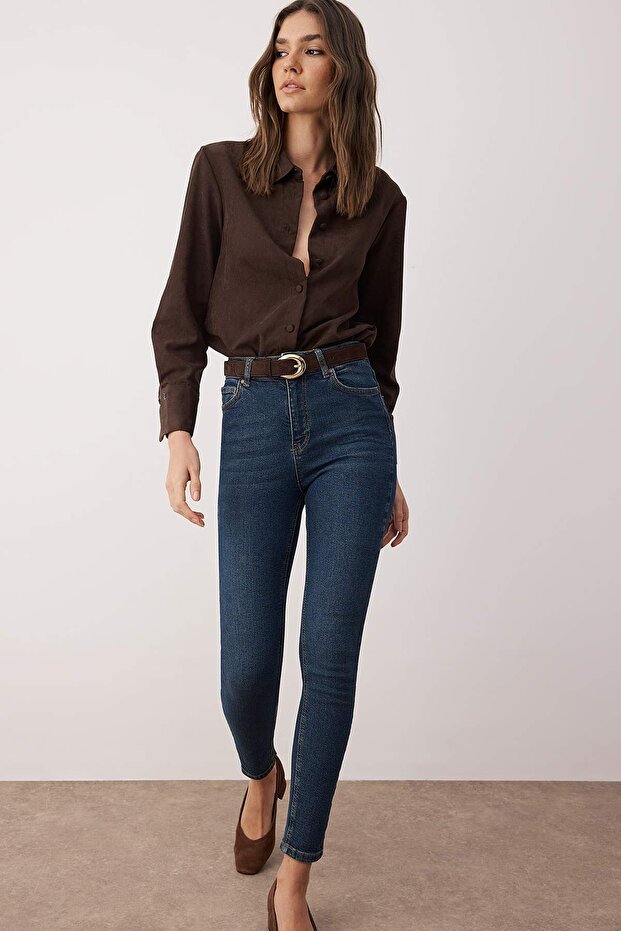 Lacivert Vücudu Saran Yüksek Bel Ekstra Esnek Skinny Jeans TWOAW24JE00068 - 1