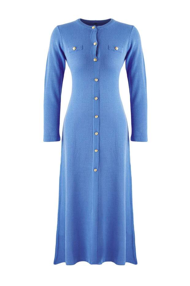 Modré zlaté pletené šaty se zapínáním na knoflíky Thessaloniki TCTAW26EB00009 - 5