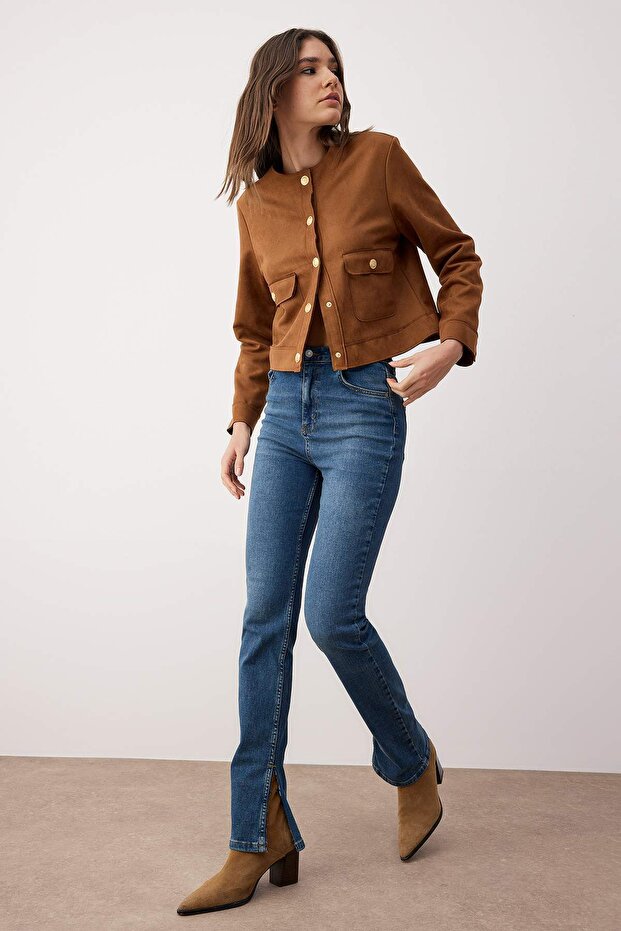 Тъмно сини тесни дънки с прорез със супер висока талия TWOSS22JE0643 - 2