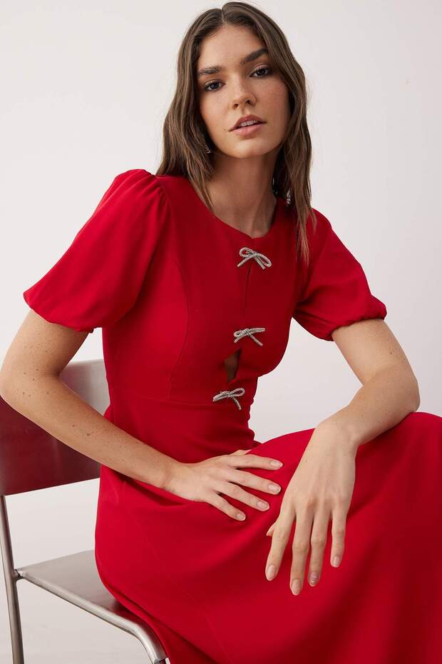 Czerwona sukienka wieczorowa z kokardką w kształcie litery A, z dzianiny, elegancka suknia wieczorowa na studniówkę TPRSS25EL00234 - 2