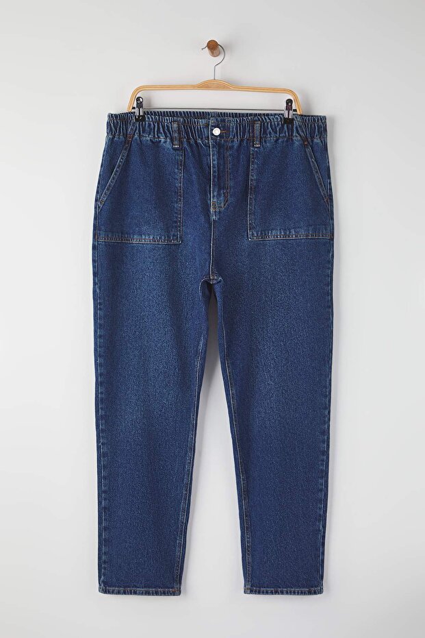 Mavi Yüksel Bel Beli Lastikli Büyük Beden Mom Fit Jeans TBBAW26CJ00020 - 5