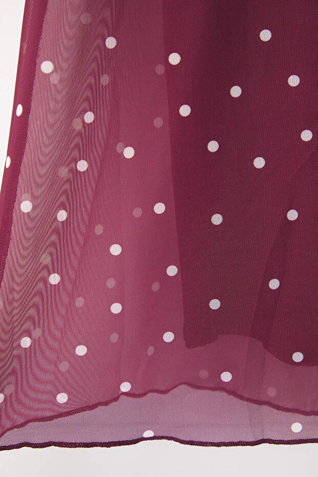 Bordo A- Line Puantiye Desenli Tül Örme Büyük Beden Etek TBBAW25AZ00006 - 6