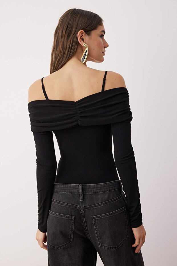 Siyah Carmen Yaka Örme Body TPRAW26BD00022 - 4