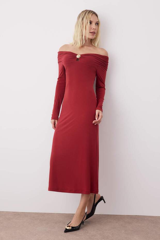 Kiremit Aksesuar Detaylı Açık Omuzlu Bodycon Maxi Esnek Örme Elbise TWOAW26EL00166