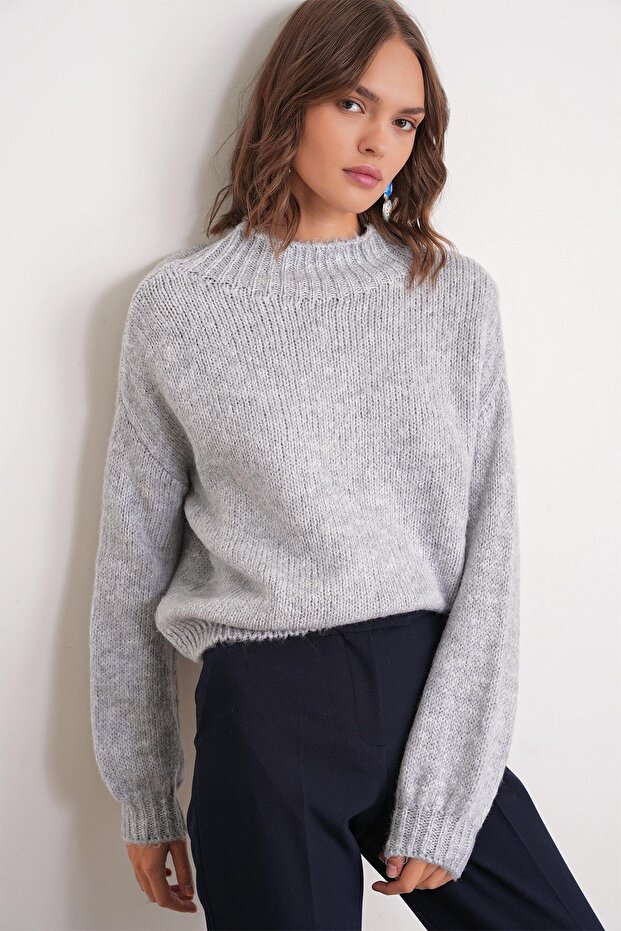 6700 Women's High Neck Balloon Knit Sweater Gray