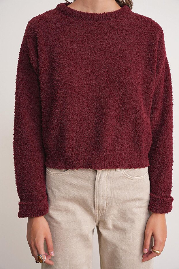 6917 Kadın Buklet Basic Triko Kazak Bordo - 4