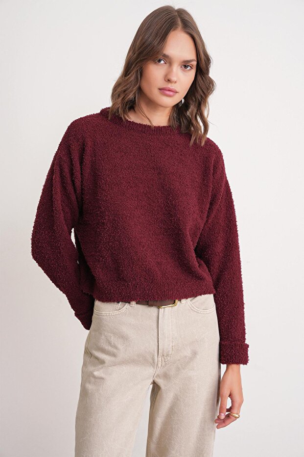 6917 Kadın Buklet Basic Triko Kazak Bordo - 3