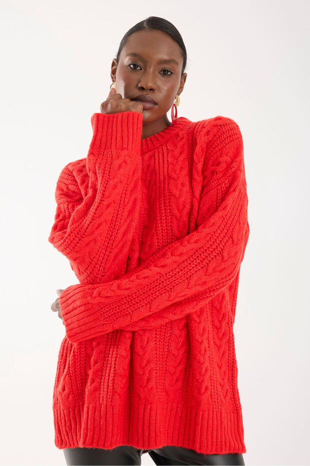 Thessaloniki Knitted Red Oversize Knitwear Women's Long Sweater