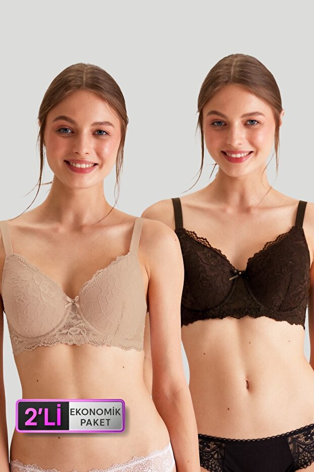 Nude-Coffee 6224 Barcelona - Recovery Lace Bra Set with D Cup Option Economical Pack of 2