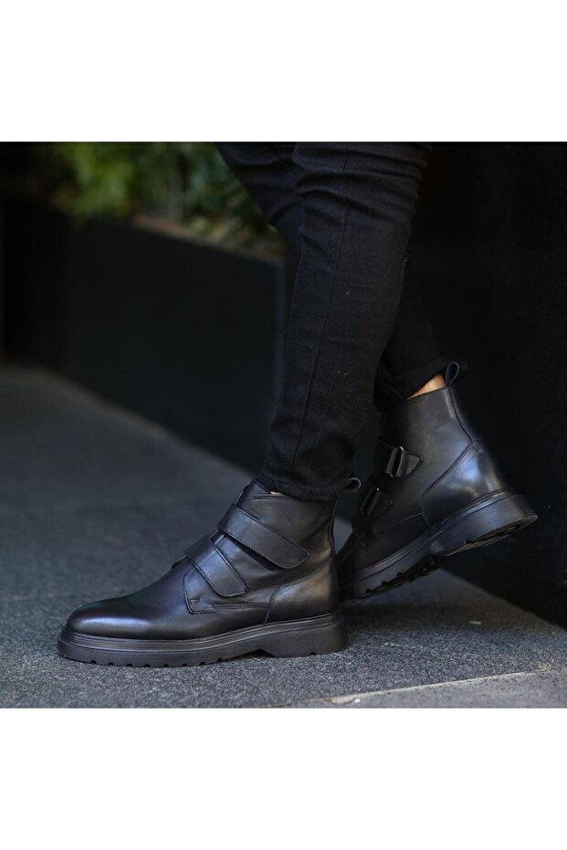 - Black Leather Velcro Eva Sole Men's Boots 102-3657-H1085