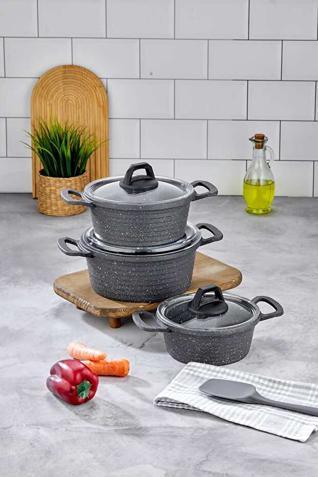 Esta Döküm 6 Parça Granit Tencere Takımı - Yanmaz Yapışmaz 16-18-20 CM - Kapaklı