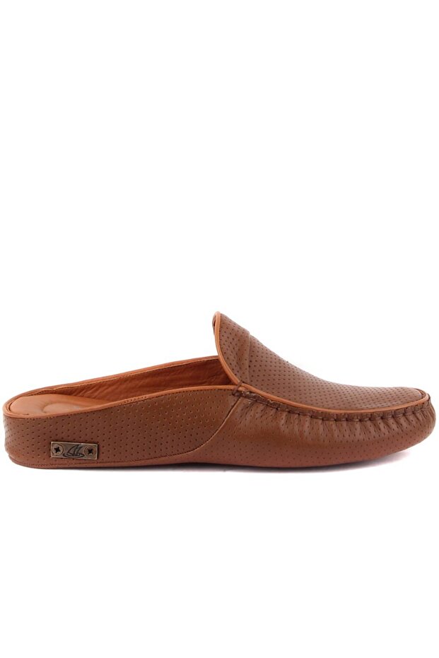 - Tan Leather Staple Detailed Men's House Slippers 110-547-X