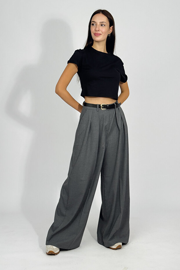 Women's Pleated Pocket Belted Palazzo Trousers Anthracite