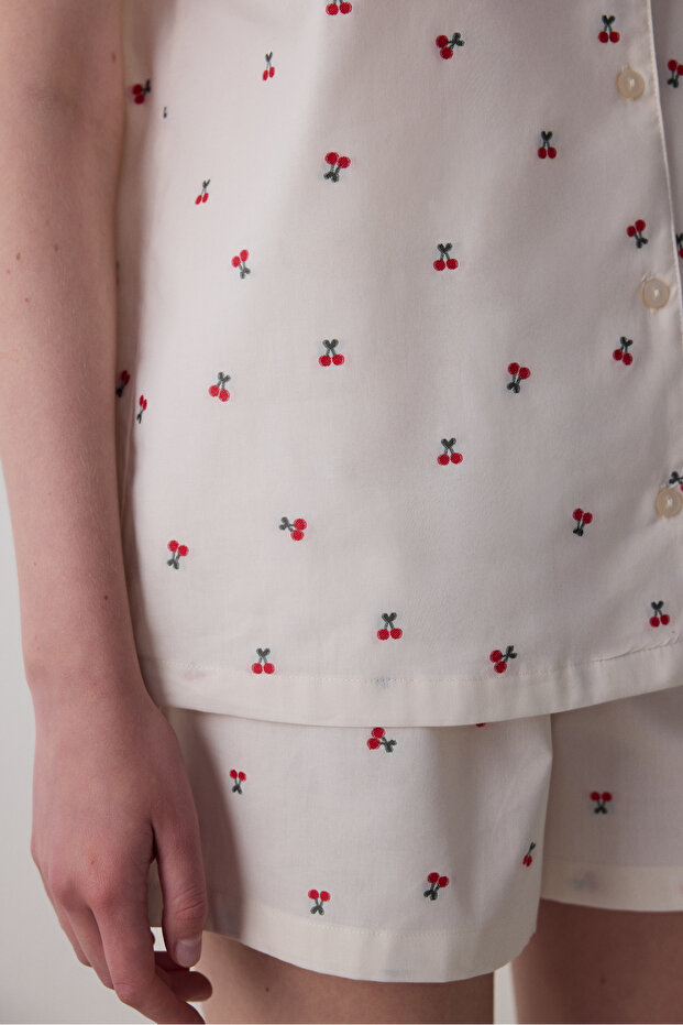 Ellie Pamuklu Gömlek Şort Kırık Beyaz Pijama Takımı - 3