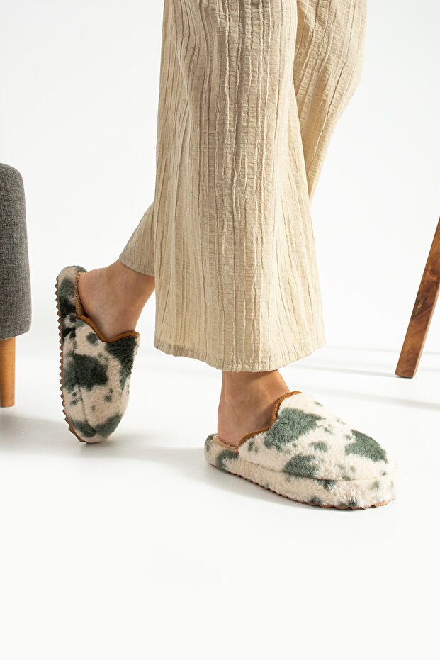 Haki Alacalı Yünlü Kışlık Terlik - 7