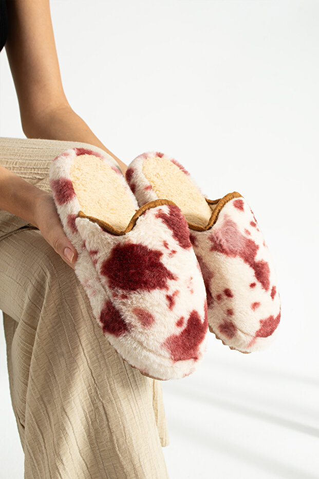 Vişne Alacalı Yünlü Kışlık Terlik - 5