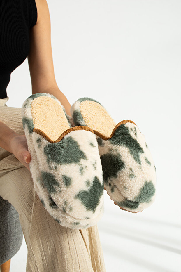 Haki Alacalı Yünlü Kışlık Terlik - 1