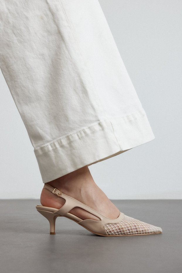 Cream Skin Mesh Detailed Pointed Toe Women's Heeled Shoes