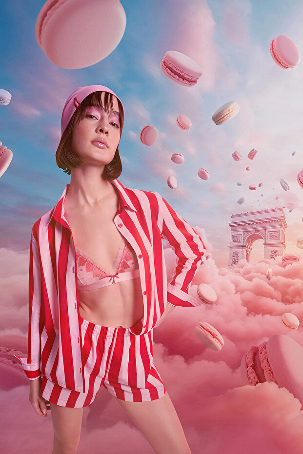 Lilah Striped Shirt Shorts Red Pajama Set - Penti Loves Paris Collection