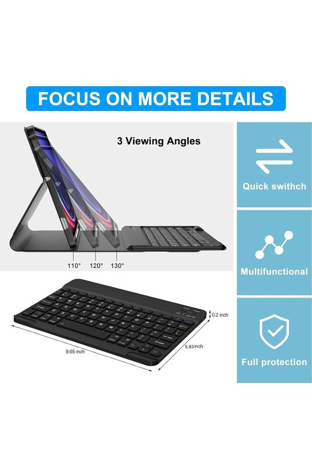 Galaxy Tab S9 Fe/S10 Fe/S10 Lite 10.9 Compatible Tablet Case with Pen Compartment and Bluetooth Turkish Q Keyboard - 5