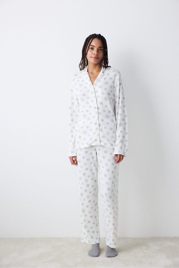 Snowflakes Ekru Gömlek Pantolon Pijama Takımı - 1