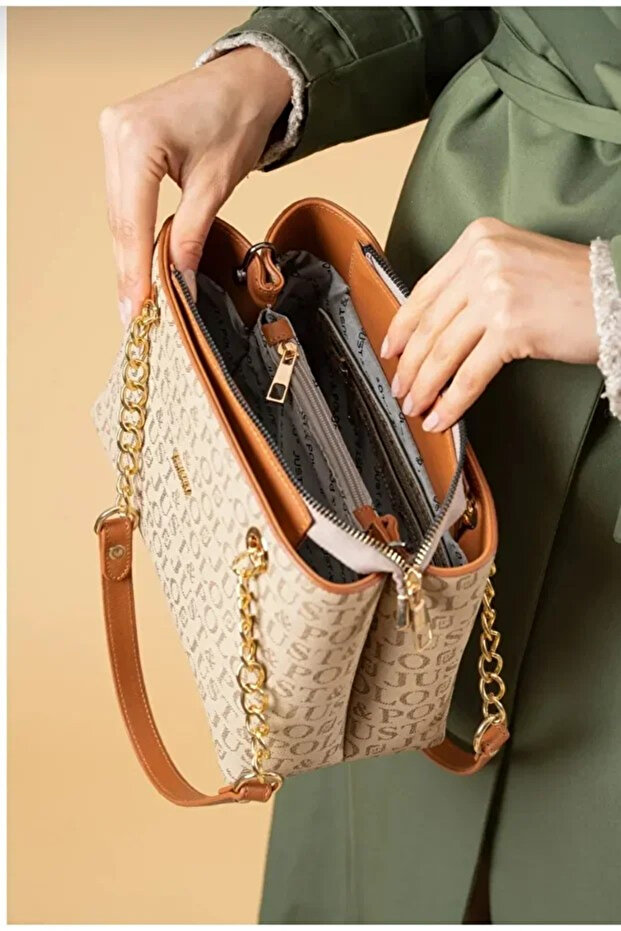 Original Genuine Women's 3-Compartment Chain Detailed Adjustable Strap Luxury Hand & Shoulder Bag Shoulder Bag