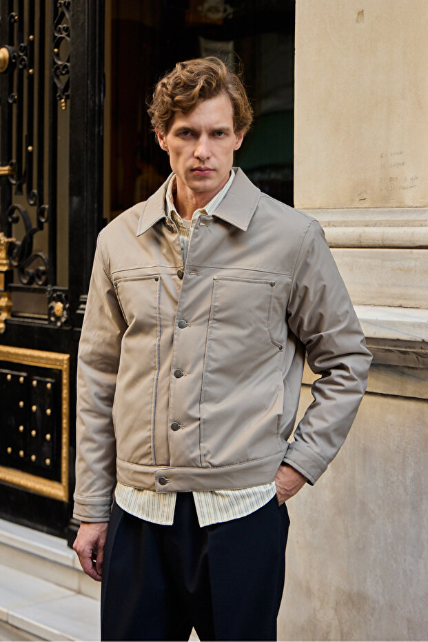 Erkek Modelli Kapitoneli Mont Ceket Bej - 7