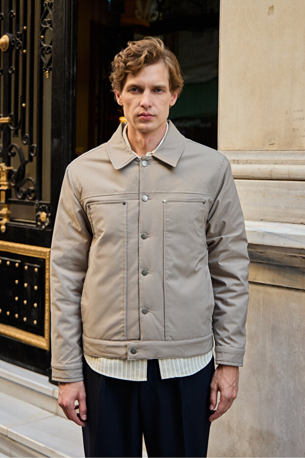 Erkek Modelli Kapitoneli Mont Ceket Bej - 5