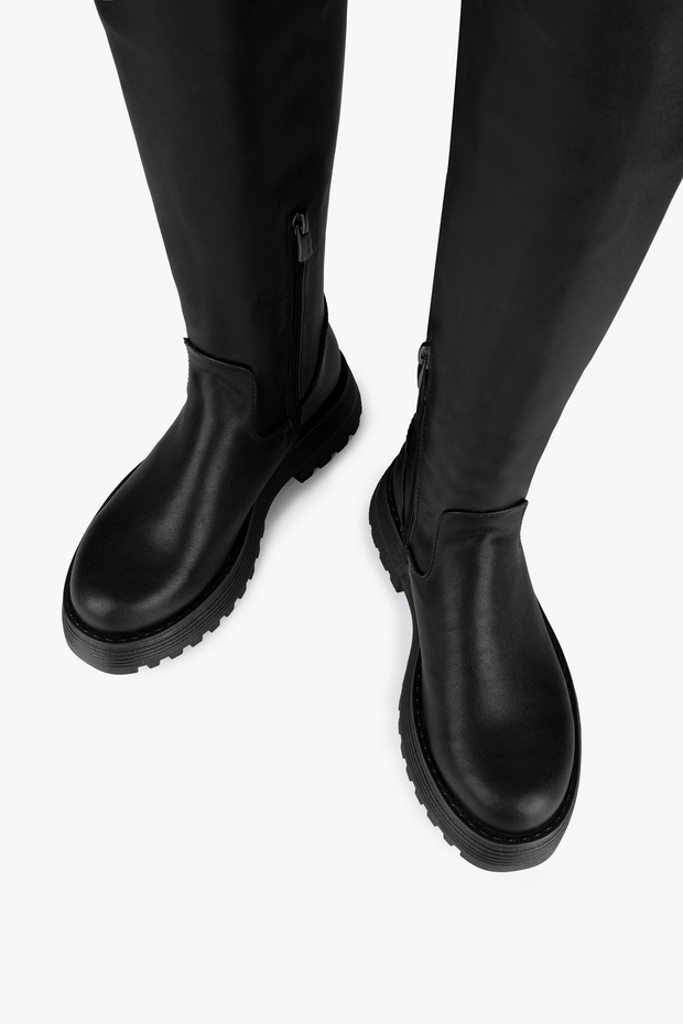 Női Margot fekete vastag talpú hosszú sztreccs rugalmas csizma fekete bőr - 4